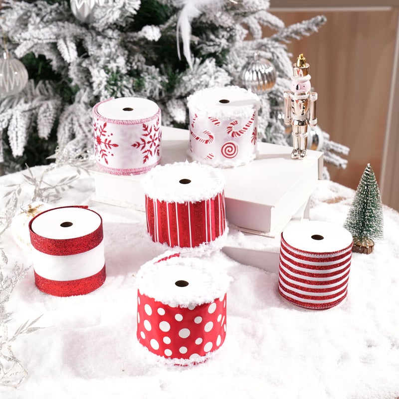 MAYREEL 2.5 Inch Red and White Christmas Ribbon Wired Candy Cane for Christmas Trees Wreaths Tree Toppers Crafts Home Decor Gift Wrapping 6 Rolls Total 36 Yards - Image 3